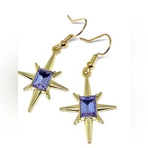 Purple Rock Crystal Gold Star Starburst Retro Look Earrings Christmas Holiday